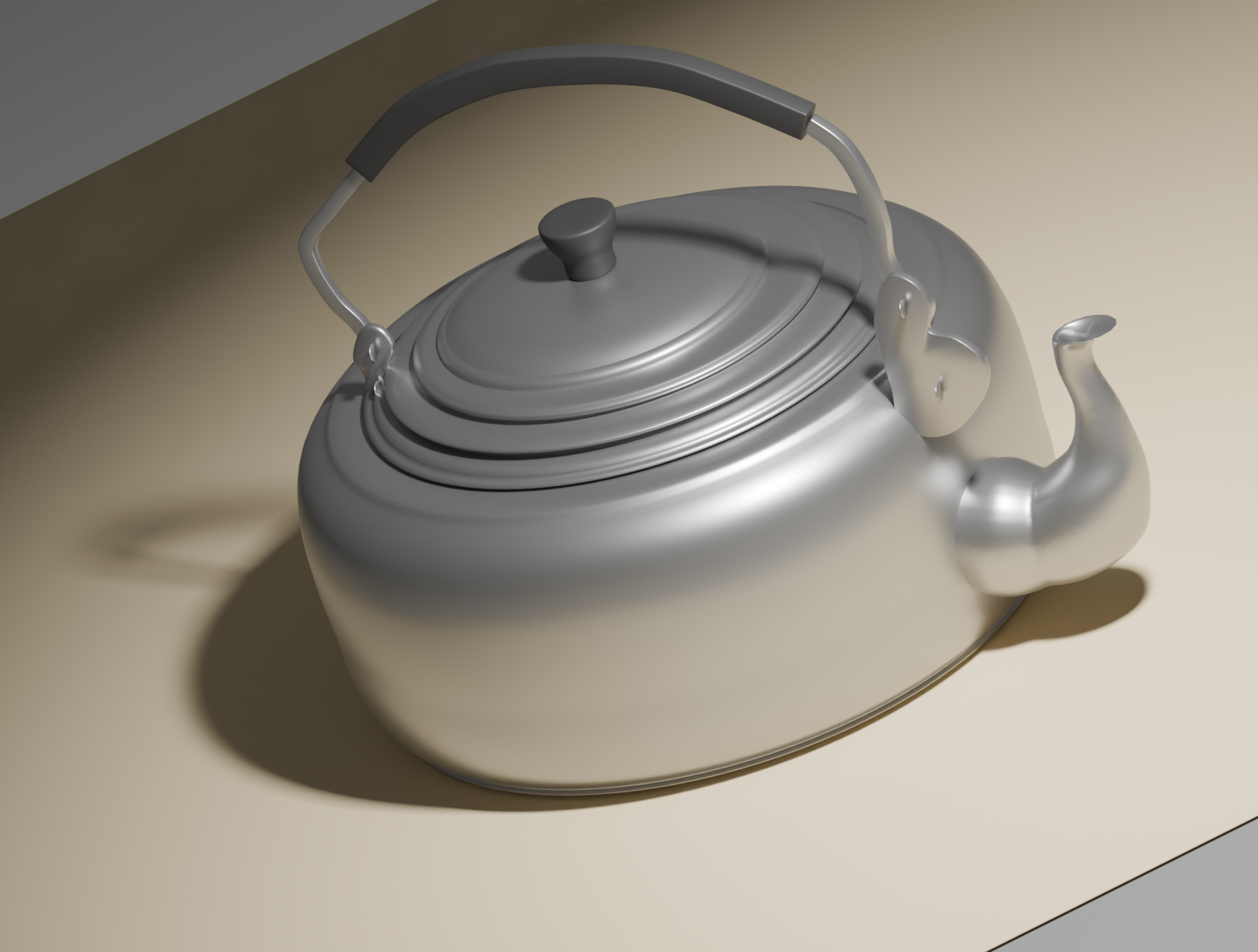 Blender kettle reconstructed from the drawing, standing on cream paper under an upper-right area light